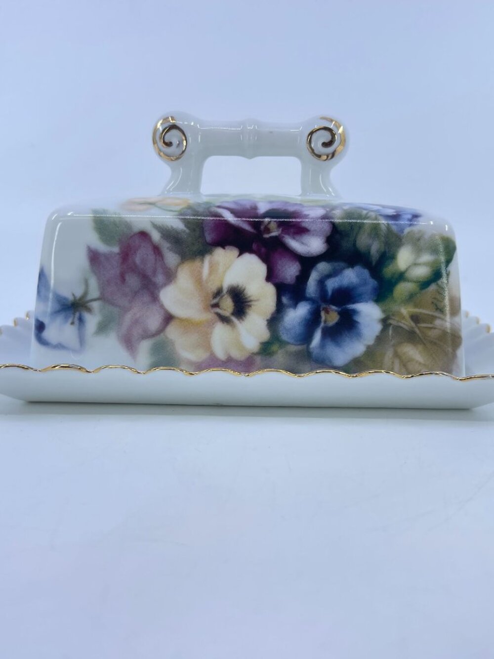 vintage floral ceramic butter dish features pansies, scalloped edges gold accent